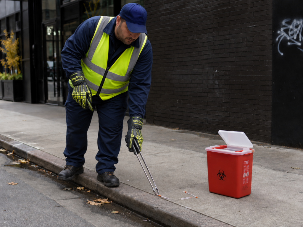 Male worker in navy clothing and high-visibility vest uses tongs to pick up litter on a city sidewalk near a red biohazard container with its lid open.