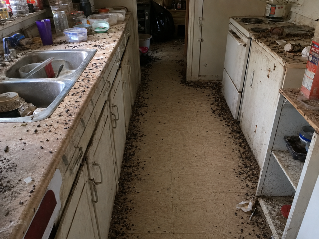 rodent cleanup droppings in kitchen
