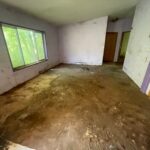 Abandoned room with dirty concrete floor, peeling walls, and a large window showing greenery outside; empty and worn interior with doorways along the back wall.