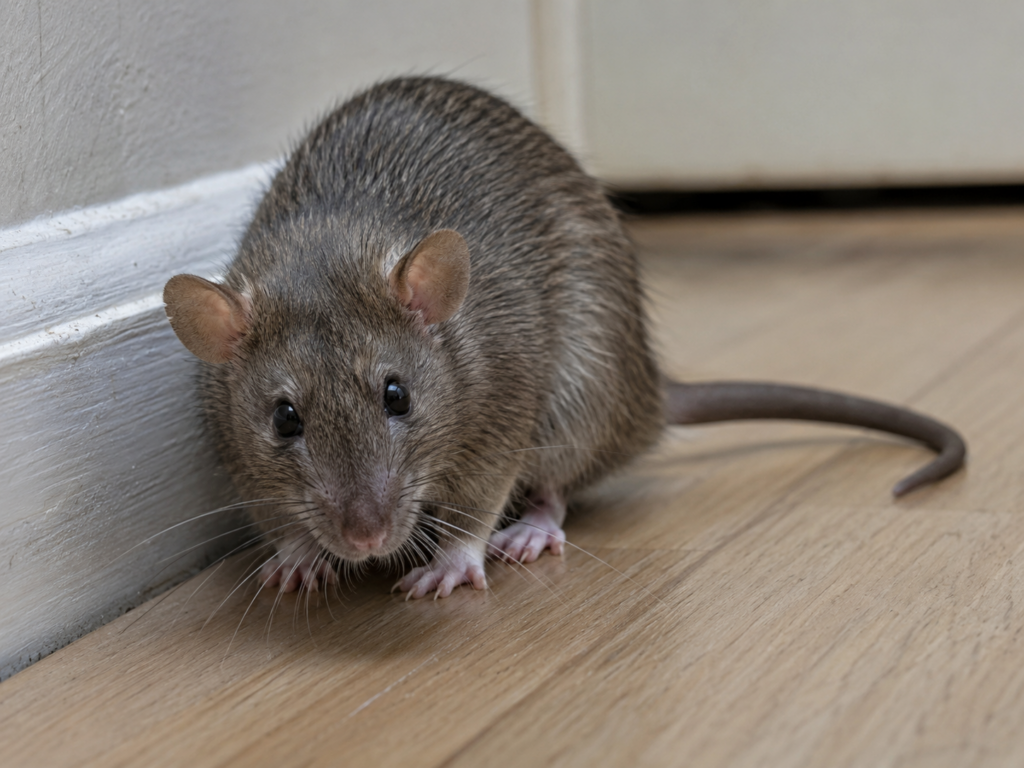 Small grey mouse crouching in a corner by the baseboard on a wooden floor, facing the camera with whiskers visible.