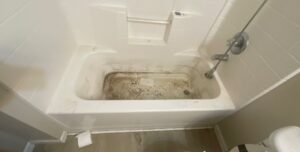 Tub Cleaning Before 2 - Bio Decon Solutions White bathtub with heavy grime along the drain and sides, shower hose and faucet on the right.